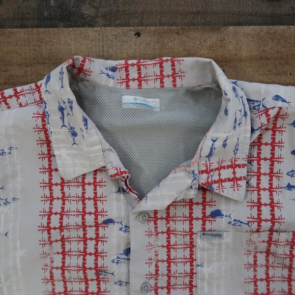 Columbia Sportswear Mens Large Gray Red Blue Fishing Shirt Back Flap - Picture 3 of 5